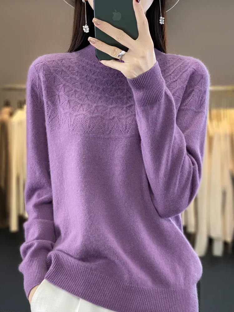 New Fashion Spring Long Sleeve Women Knitted Sweater 100%  Merino Wool Mock Neck Pullover Clothing Knitwear Basic Jumper Tops