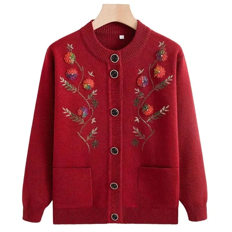 

Midd Aged Elderly Sweater Cardigan Women Jacket New Autumn Winter Long Sleeved Single Breasted Embroidery knitt Coat Female Tops