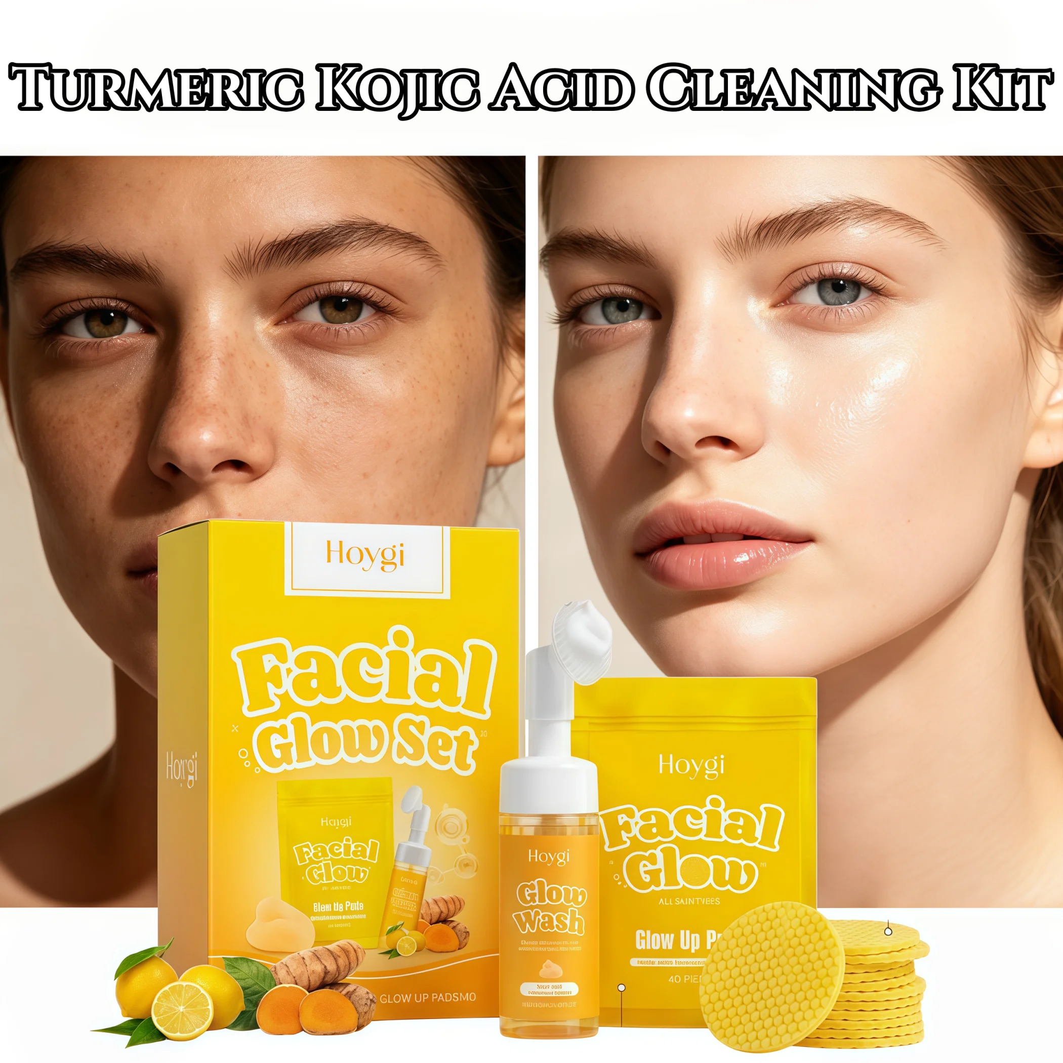 Turmeric Kojic Acid Cleaning Kit,Target Hyperpigmentation & Dark Spots,Natural Radiant Glow,Gentle Amino Acid Cleansing&Built In Silicone Massage Brush&Textured Glow Up Pads,Easy 2 Step Daily Glow System&Natural Plant Based Formula For All Skin Types