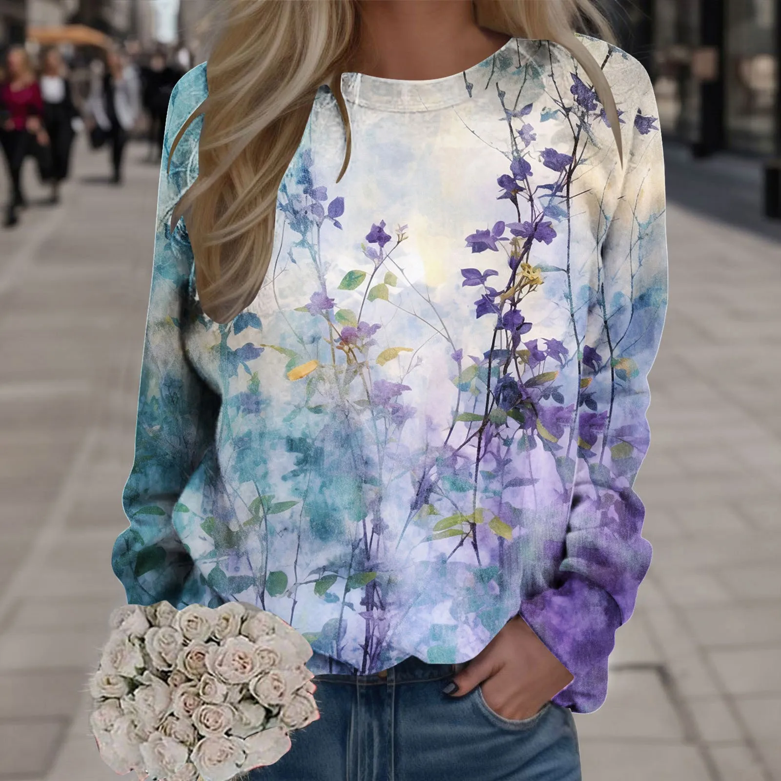 Women Boho Print Sweatshirt Round Neck Loose Pullover Tops Comfortable Long Sleeve Leisure Daily Floral Shirts Tops 2023 New