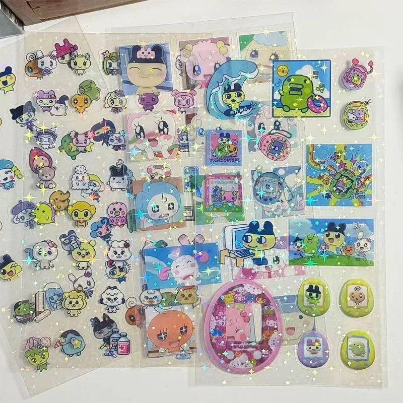 Pegatinas de película Flash láser repetitivas Kawaii Tamagotchi, fundas de teléfono transparentes de dibujos animados, cuaderno, pegatinas decorativas Diy, regalos