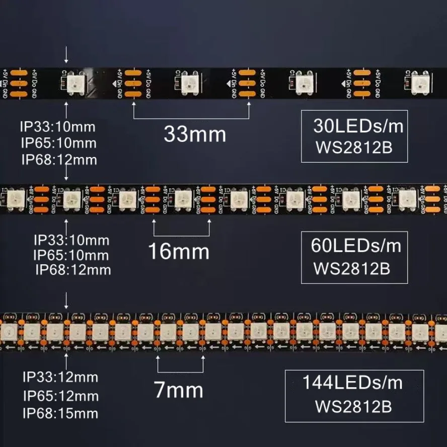 WS2812B IC Independent Control DC5V Led Lights RGB Led Strip Light IP65 IP68 Waterproof Smart Pixels Magic Light Black White PCB