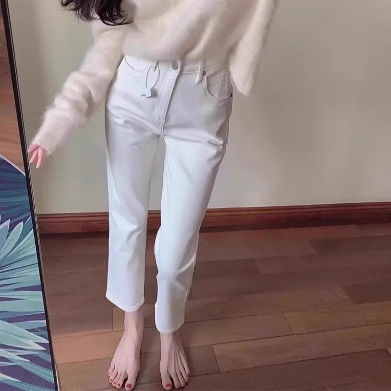 جينز أبيض بخصر عالٍ وساق مستقيمة للنساء، ضيق ومرن، طول ثلاثة أرباع، 45 سم، أنبوبي مدخن، صيفي عادي، قطن مطاطي #1