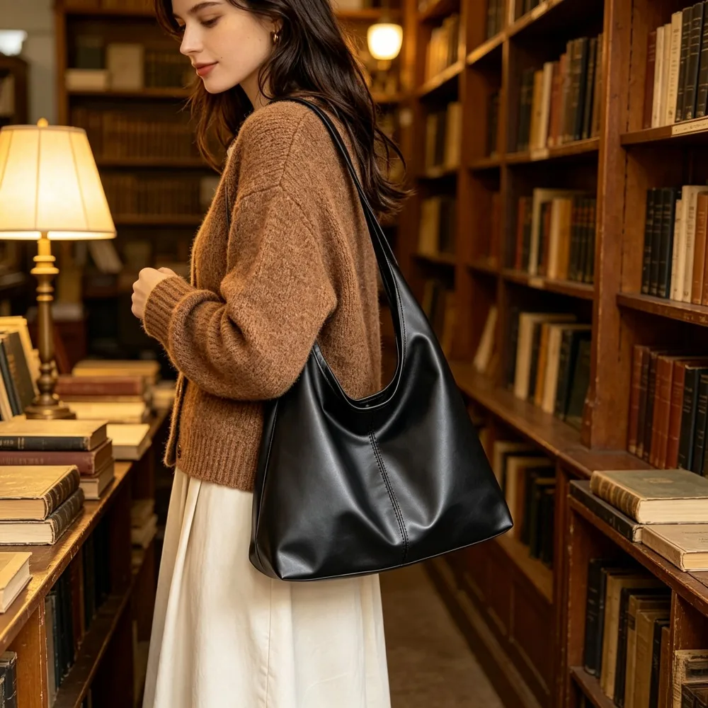 1 Pack Black Vintage Commuter Tote Bag for Women, Large Capacity Elegant Shoulder Hobo Handbag, Minimalist Daily Work Purse