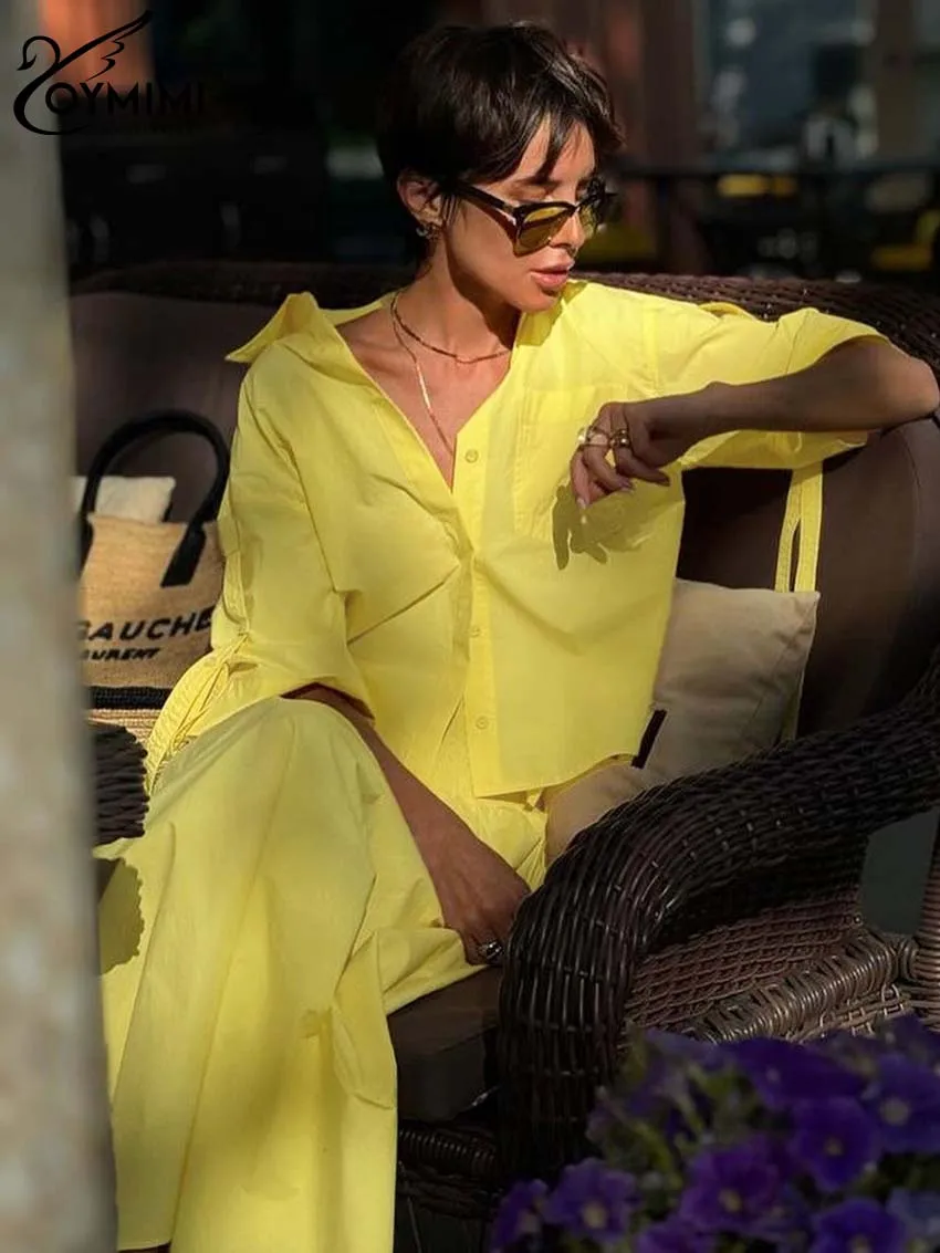 Oymimi set di cotone giallo Casual da donna 2 pezzi di moda camicie a mezza manica larghe e set di gonne a metà polpaccio pieghettate a vita alta