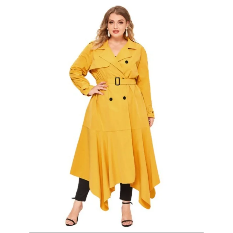 

2023 New Women Fashion Large Size Solid Color Long Trench Coat Double Breasted Irregular Female Outwear Casual All-match Outcoat