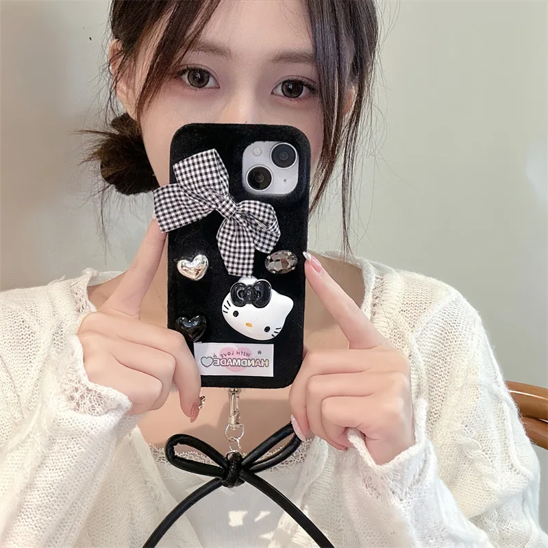 Cute Hello Kitty Plush Bow embroidery Kawaii Phone Case For Iphone 16 15 14 13 Promax Y2k Sweet Girl Phone Protective Cover