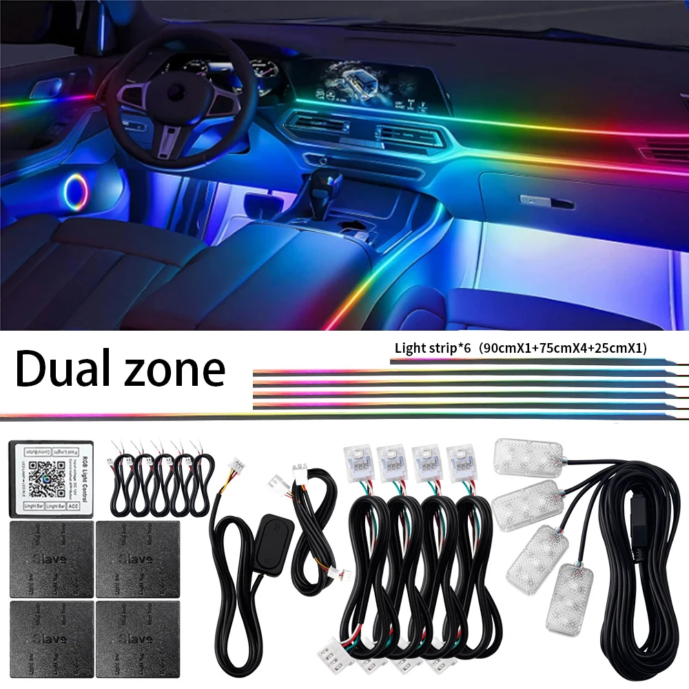 

Двухзонный симфонический стример Светодиодное окружающее освещение Универсальный салон автомобиля Полноцветный RGB Скрытая акриловая полоса Комплект атмосферного освещения с управлением через приложение Bluetooth