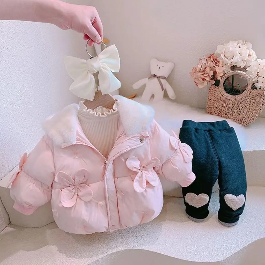 Fashion New Style Children Girl Baby Cotton Thick Warm and Comfortable Cute Flower Winter Pink Coat 2025