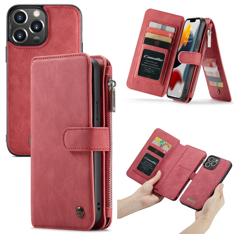 Detachable Leather Wallet Phone Case For iPhone 13 Pro Max Mini Full Protection Magnetic Flip Cover Card Bags Stand Zipper Purse