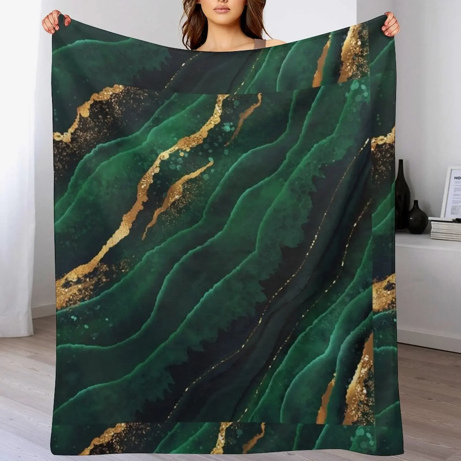 

Dark green and gold streaks marble print Throw Blanket Sofas Sofa Quilt Blankets