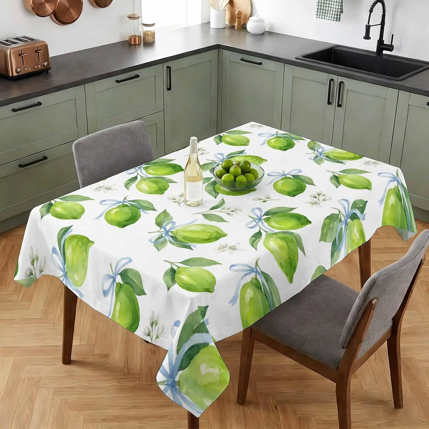 Summer Green Lemon Rectangle Tablecloth  for Table Decor Blue Bow Fruit Flowers Printed Kitchen Dining Table Cloth Party Decor