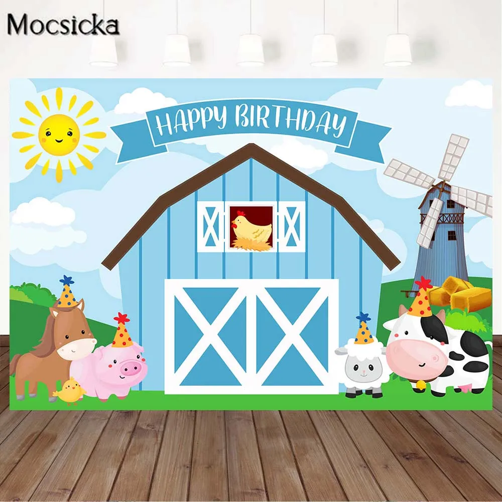 Hoạt Hình Nông Thôn Nông Trại Bé Chúc Mừng Sinh Nhật Hình Nền Xanh Dương Kho Thóc Động Vật Bé Trai 1st Sinh Nhật Chụp Ảnh Phông Nền Photocall
