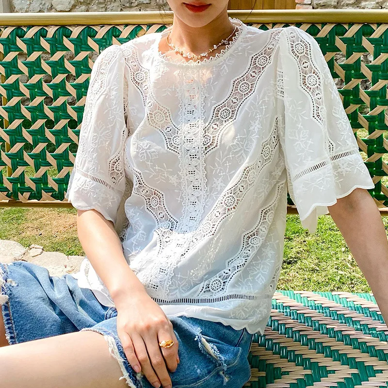 

Весенние и летние женские топы, рубашки с французской вышивкой, кружево со средними рукавами, удобные дышащие модные темпераментные полые