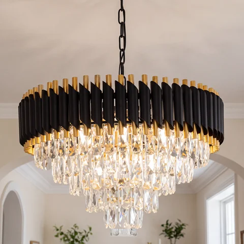 Modern Black and Gold Crystal Chandelier, Large 5-Tier Round K9 Crystal Dimmable Chandelier Light Fixture, Adjustable Hanging Pendant Light for Dining Room Living Room Kitchen Island Bedroom Foyer Hallway Entryway