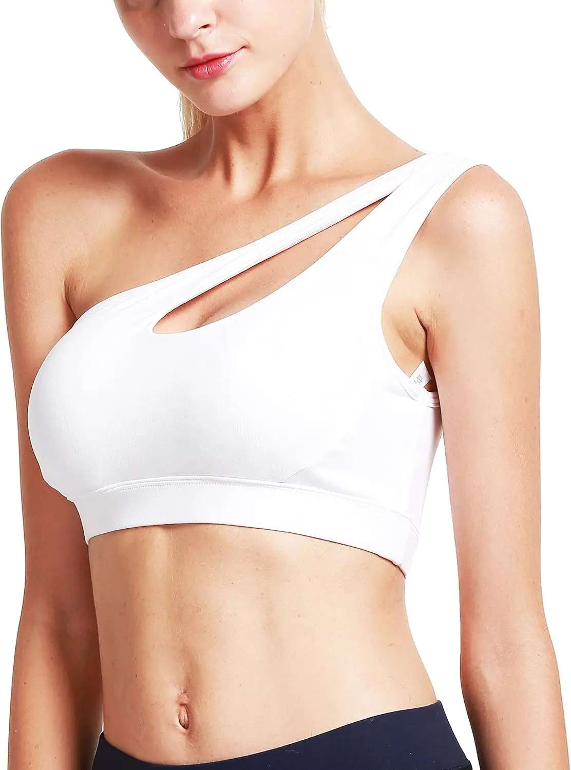 Womens One Shoulder Sports Bras Workout Left Strap Yoga Bras Cute Medium Support Crop Top