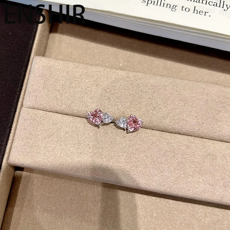 ENSHIR Pink White Heart Zircon Earrings For Women Korean Sweet Simple Cute Luxury French Jewelry Gifts Wholesale Party Daily