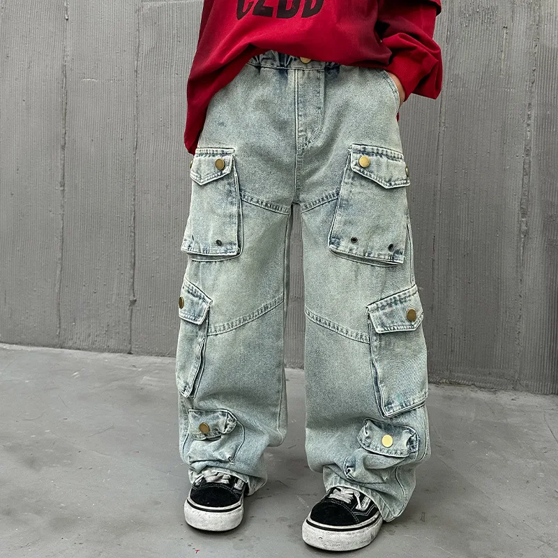 School Boys Casual Cargo Jeans With Multi Pocket Preppy Loose Style Teenage Child Denim Pants High Fashion Kids Trousers 5-14 Y