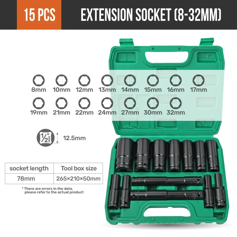 

Apollo 1/2" Drive 8-32mm Heavy Duty Impact Socket Set with Electric Adapters for Professional Automotive Repair Tools