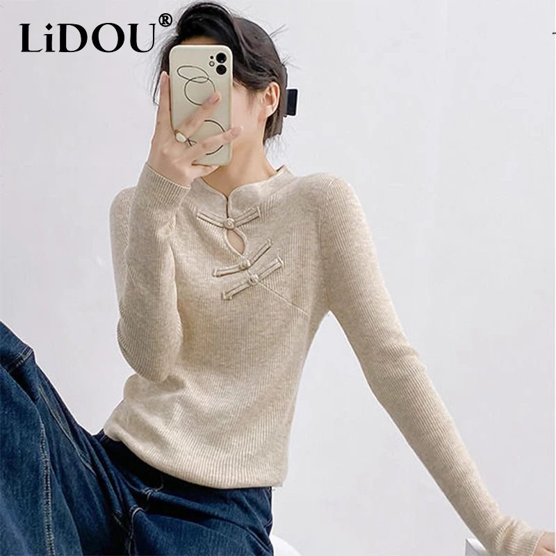 

Autumn Winter Chinese Style Flog Slim Sweater Female Literary Vintage Bottoming Jumpers Ladies Solid Color Knitting Top Women