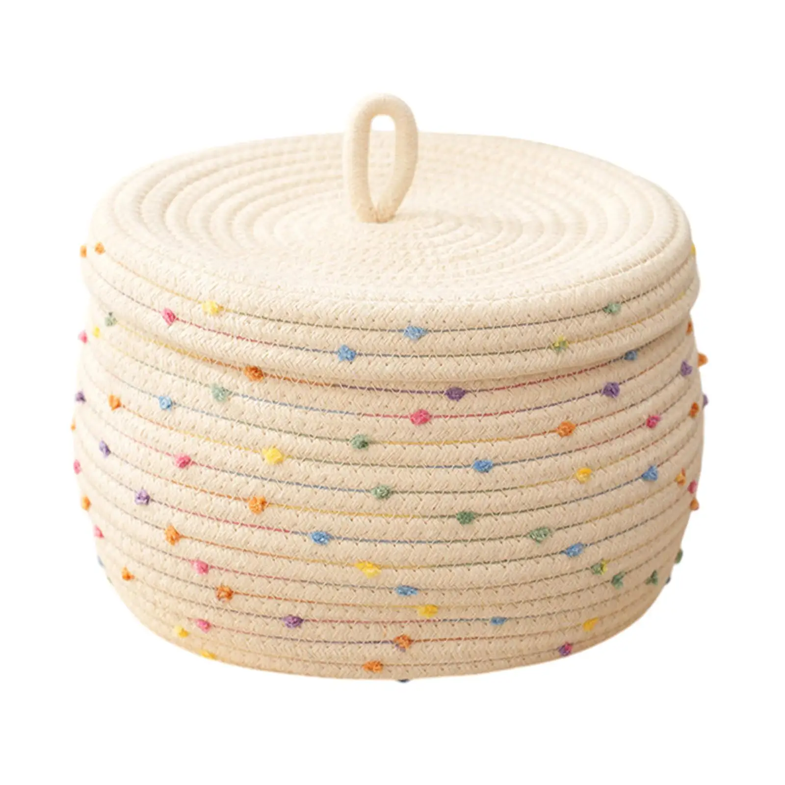 Multifunctional Cotton Rope Storage Basket Round Colorful Dots Desktop Bin with Lid for Organizing Books Magazines Clothes
