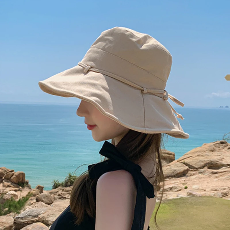 Summer New Women Bucket Hat Solid Color Bows Soft Cotton Outdoor Sun Hats Beach Panama Caps Wide Brim Fishermen Hats