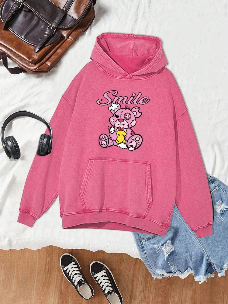 

Smile Cartoon Bear Pattern Print Women Comfortable Autumn Warm Hoody Fashion Casual Washed Tops Female Distressed Cotton Hoodie