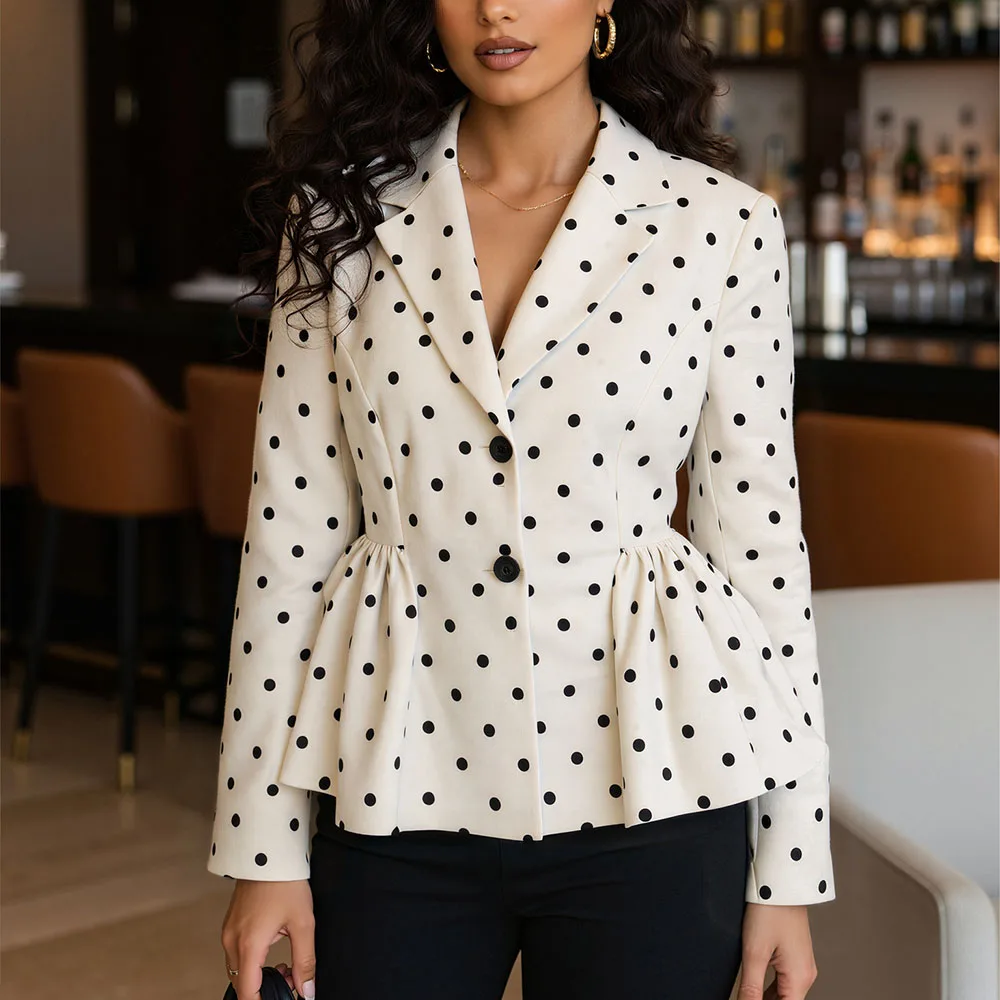 

Новый женский модный плиссированный пиджак в европейском и американском стиле с пышным подолом и принтом в горошек