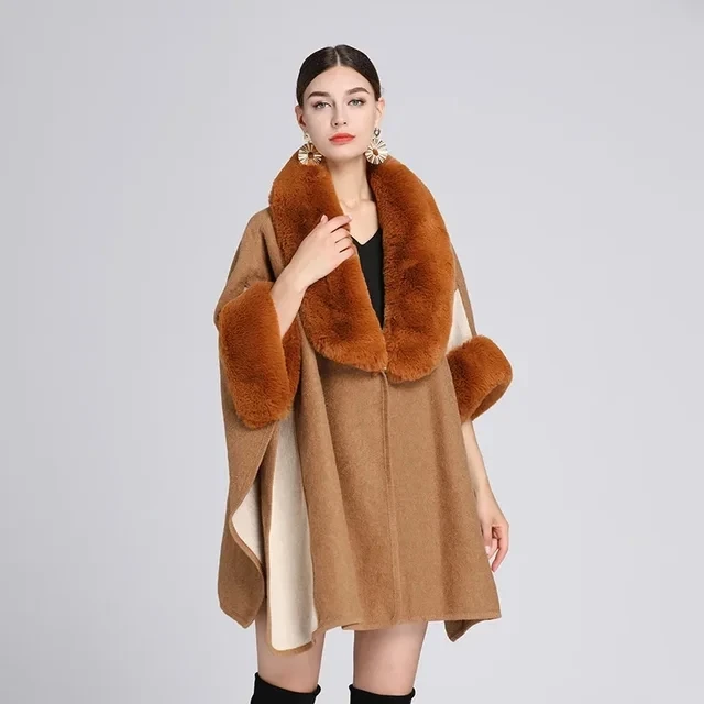 

Color Matching New Imitation Otter Rabbit Fur Collar Hooded Imitation Cashmere Loose Ponchos Women Capes Khaki Cloak