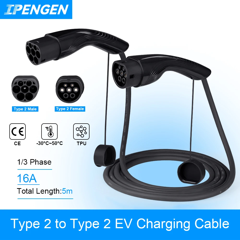 IPENGEN EV Charger Type2 Cable Female Car Side to Type2 Male Plug 16A 3.6KW/11KW EV Car Charger Charging Cable Cord for Electric