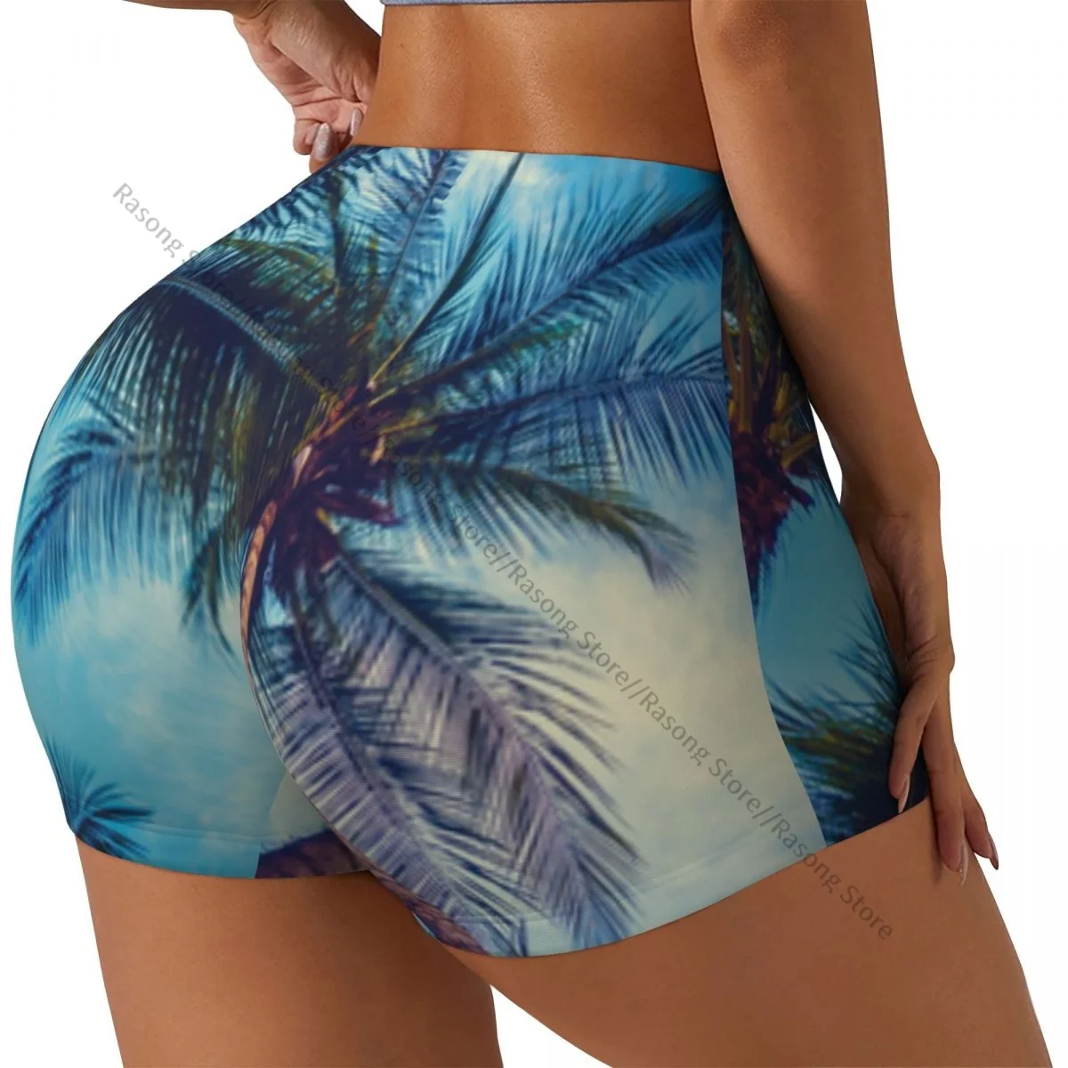 Pantalones cortos deportivos ajustados sexys para mujer, pantalones cortos de yoga cómodos para fitness con fondo de palmera Tropical en el cielo