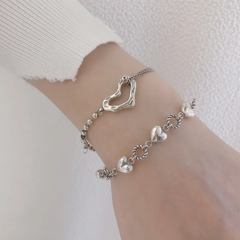 Foxanry 여성용 실버 컬러 러브 하트 기하학적 팔찌, 트렌디 빈티지 클래식 우아한 달콤한 기념일 쥬얼리 선물