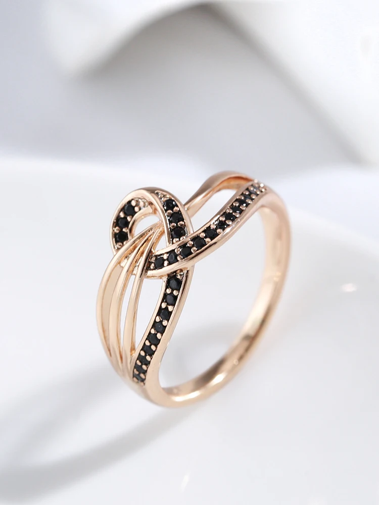 Kinel New 585 Rose Gold With Black Natural Zircon Ring Geometric Line Cross Wedding Rings for Women Fashion Vintage Jewelry