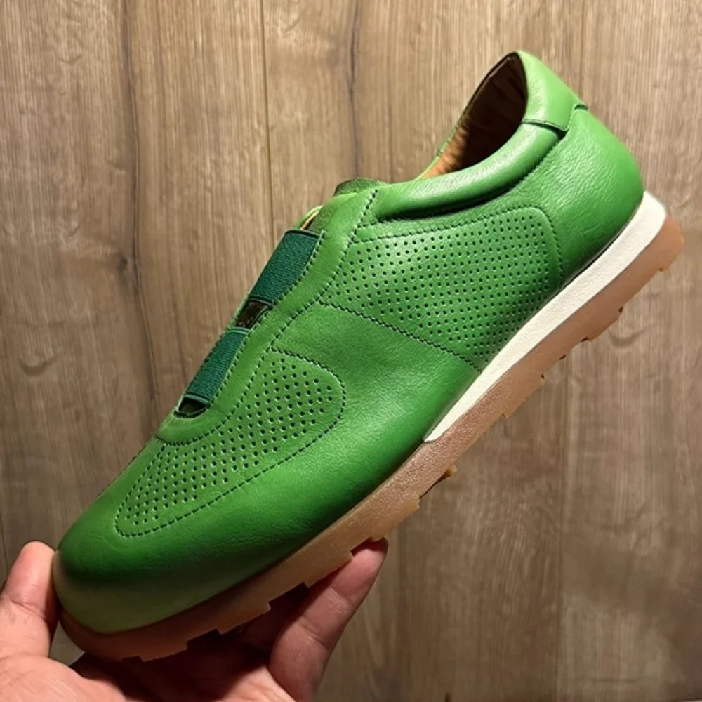 

QHCCID Men's Fashion Genuine Leather Slip-On Loafers Casual Shoes Elastic Band Low Cut Breathable Joggers Sneakers