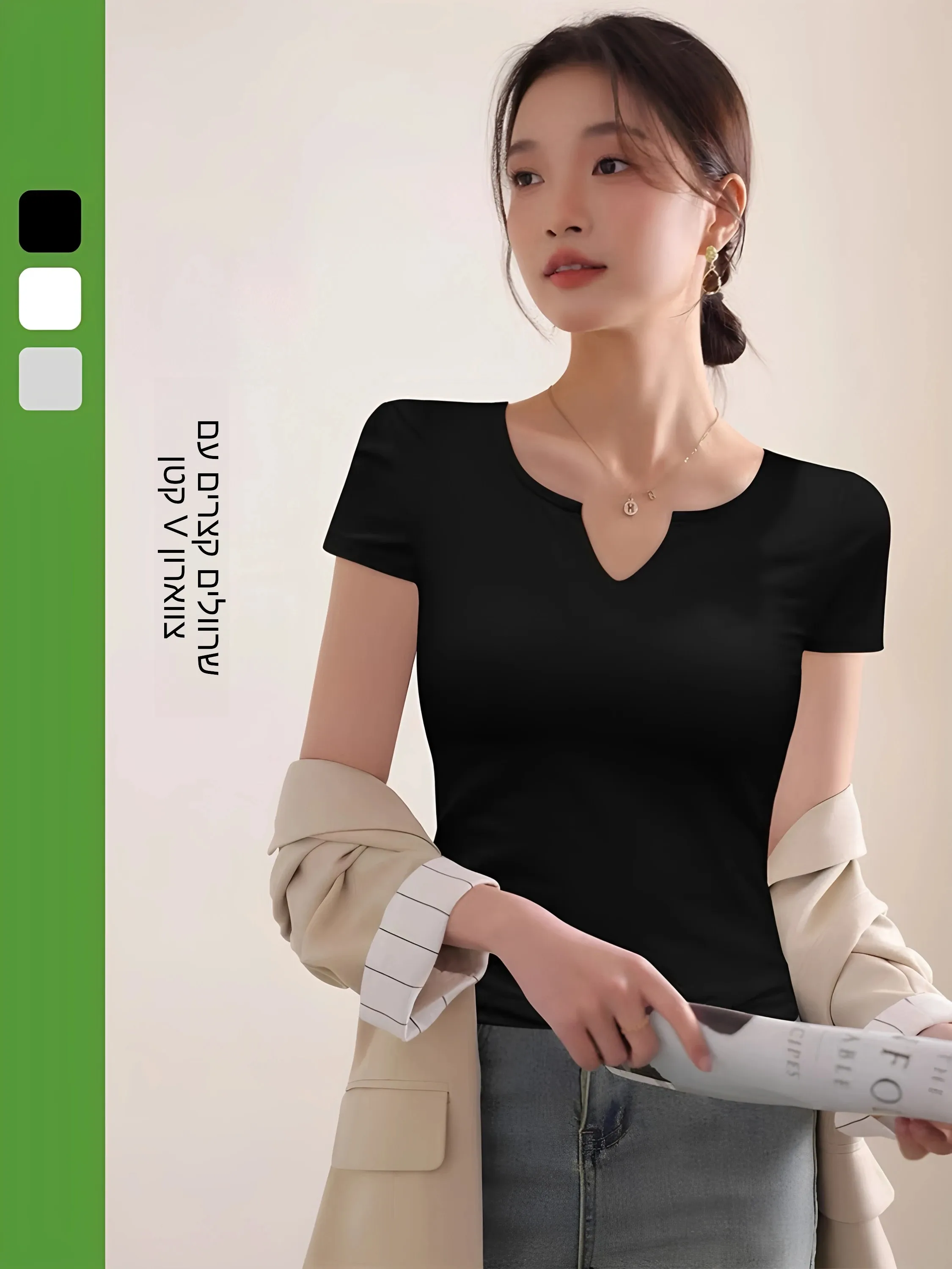 Slim Fit Short Sleeve T-Shirt Women's Summer Large Size Fat MM Low Collar Base Shirt Versatile  Color Slimming Top