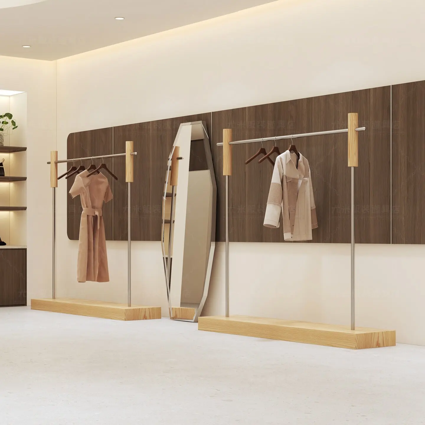 Women's clothing store Stainless steel imitation walnut floor-to-ceiling Zhongdao rack Women's clothing store hanging hanger