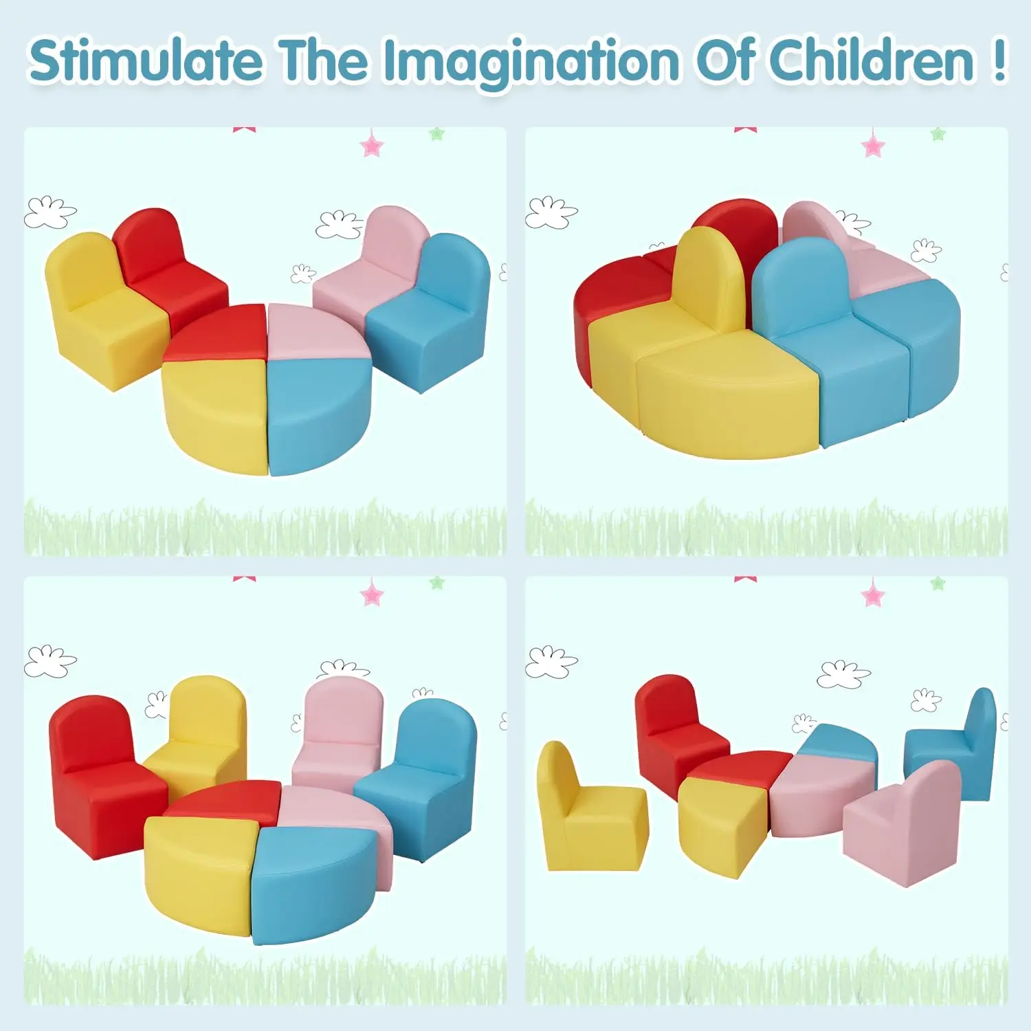 Kids Sofa Seating Set Convert to Table and 4 Chairs Colorful Stools for Toddlers Soft Foam Play 8 PCs Set for Classroom