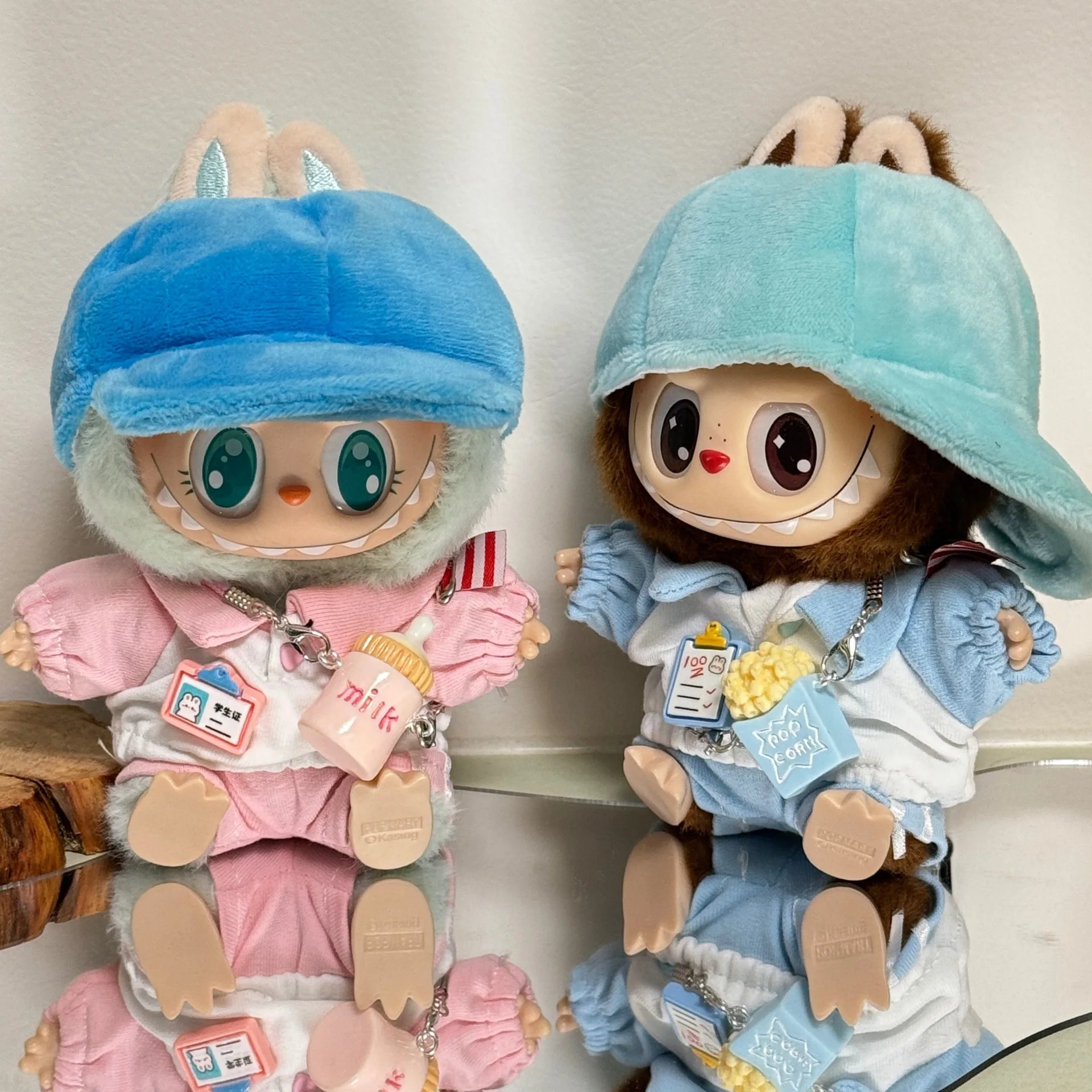 Cute Mini Labubu Cute Student Set 17cm I II III Dolls Sitting Party Baseball Cap Milk Bottle Outfit