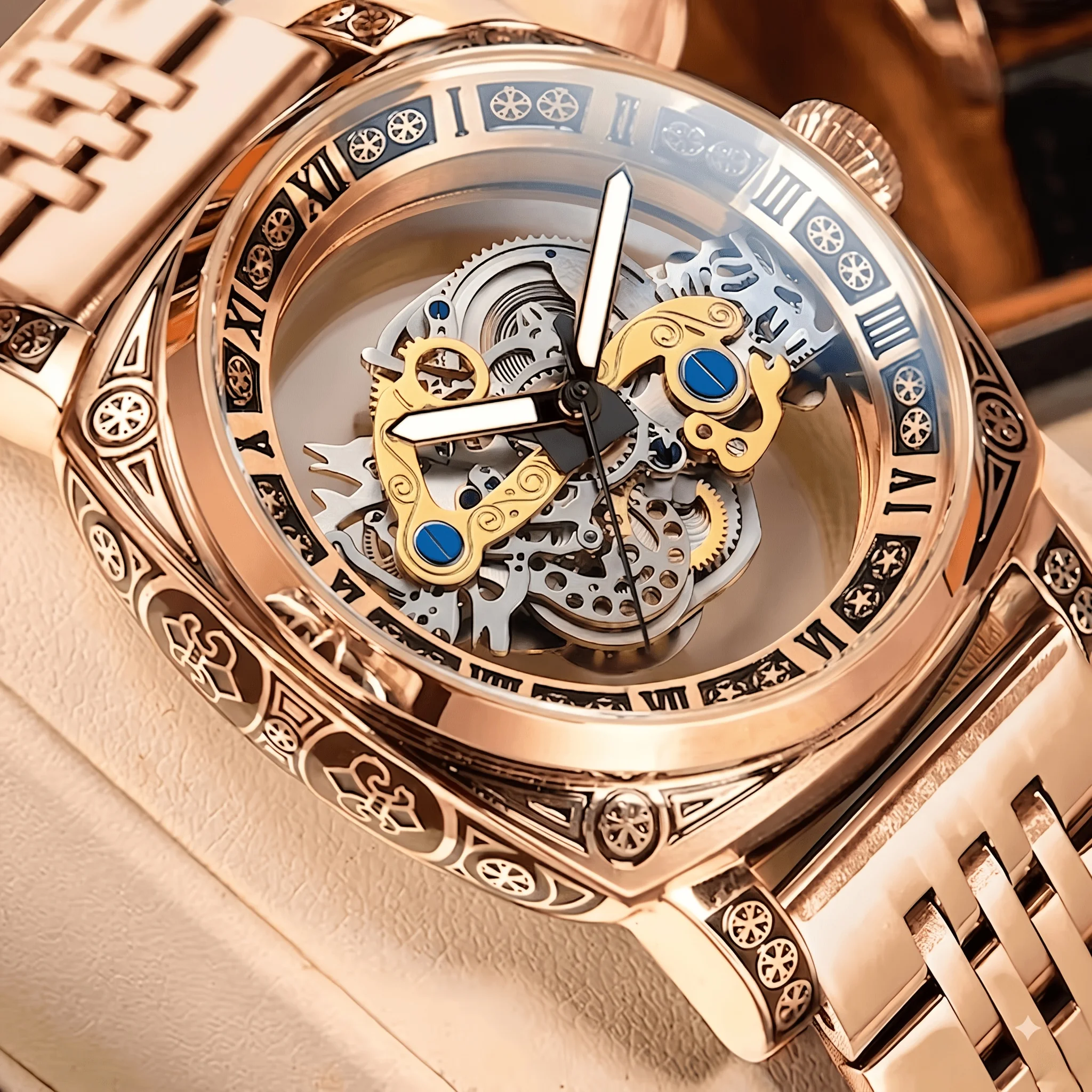 Fashion Skeleton Mechanical Watch Rose Gold Tone Metal Link Strap Roman Numeral Bezel Decorative Case Men's Wristwatch