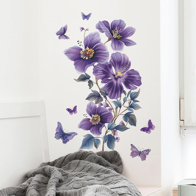 Purple Flowers Butterfly Wall Stickers Living Room Bedroom Background Decor Mural Self-adhesive Wall Decals