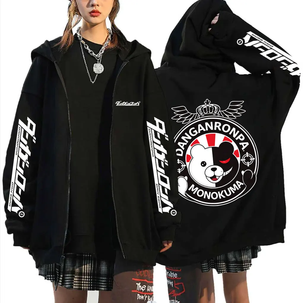 Anime Danganronpa Monokuma Zipper Hoodie Men Women Manga Funny Oversized Zip Up Jacket Coat Unisex Cartoon Cosplay Streetwear