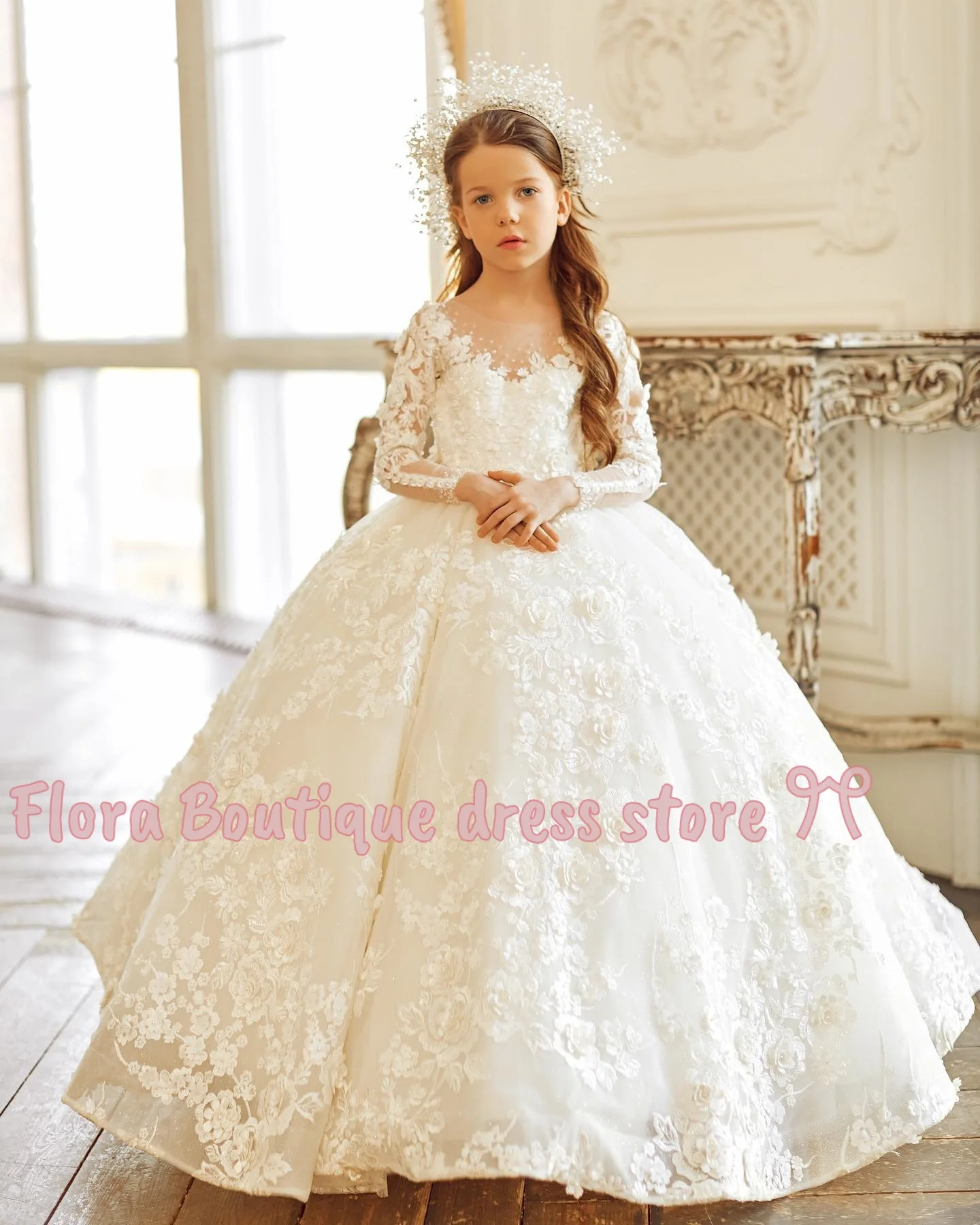 어린이를위한 리본이 달린 꽃의 소녀 드레스 긴 소매 결혼식 파티 공주 드레스 첫 성찬식 공식 쉬폰 볼 가운