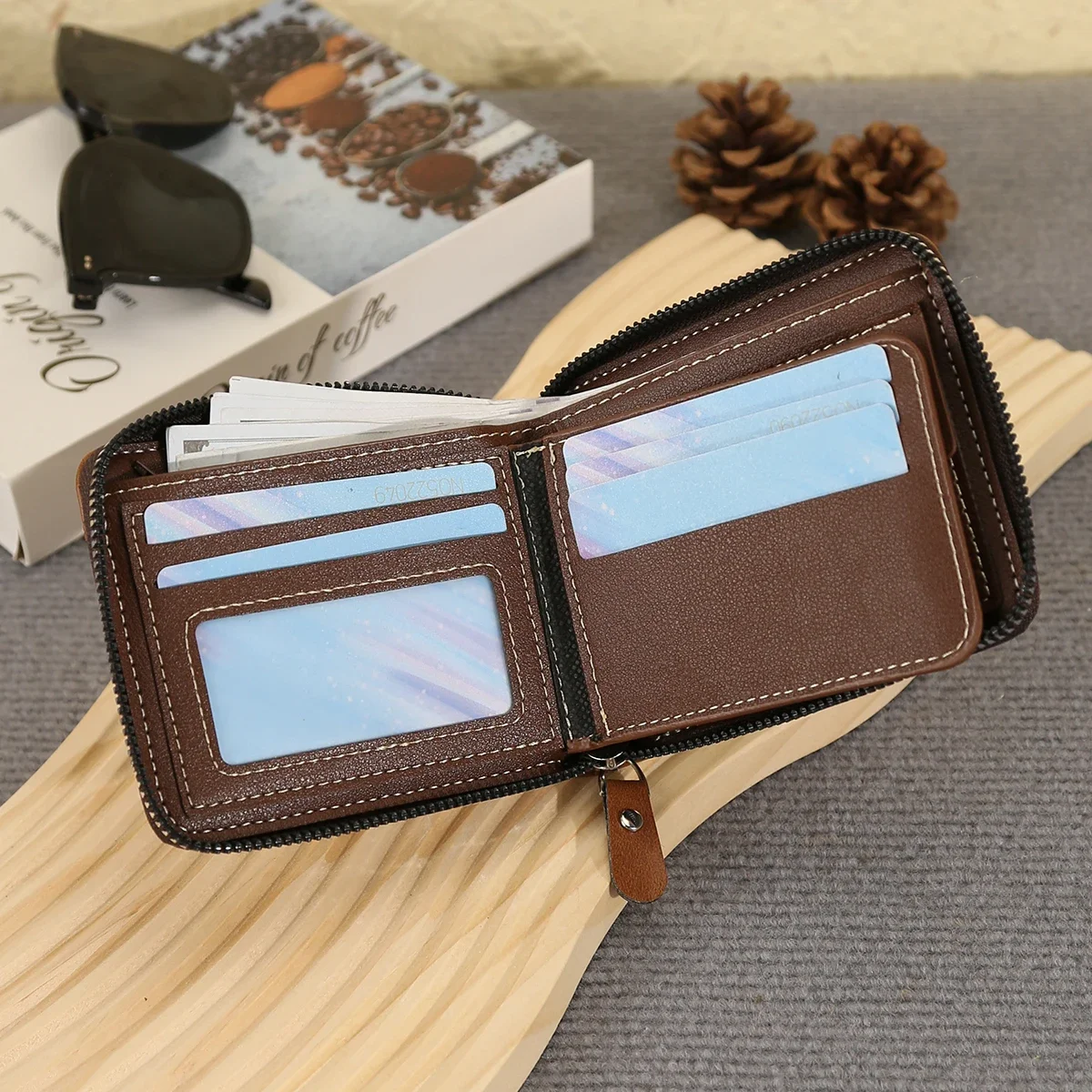 New Men's Business Wallet Classic Spliced Synthetic Leather Multi-Card Short Wallet Large Capacity Zipper Card Bag Zero Purse