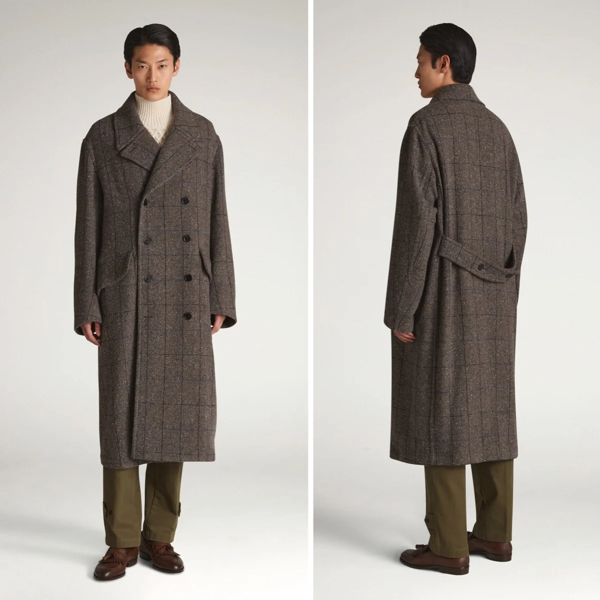 

Elegant Man's Woolen Coats Plaid Long Loose Full Sleeve Double Breasted Coat Winter Spring Groom Wear Commute Outwear Customized