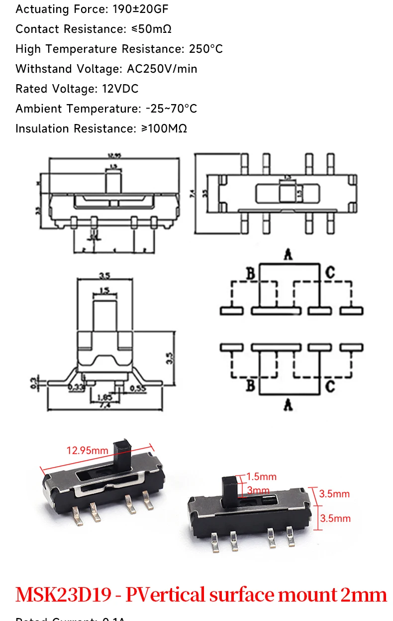 5 Stück Mini-SPDT-Schiebe-Kippschaltergriff 3/5mm MSS-22D018 SS-12D00 SK-22D07 MSK-12C02 SS-12F44 MSK23D19 - Elektronisches Bauteil – Detail 19