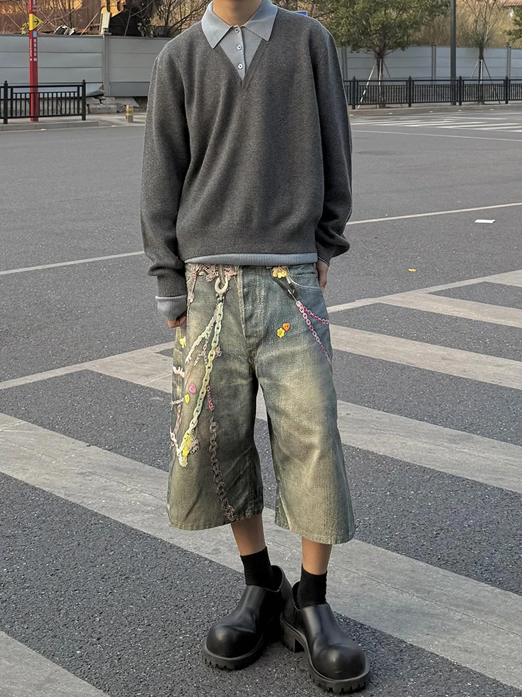 

Ac Style Candy Chain Digital Print Distressed 7/8 Length Straight Leg Wide Leg Short Jeans Casual Loose Fit Jeans for Teens