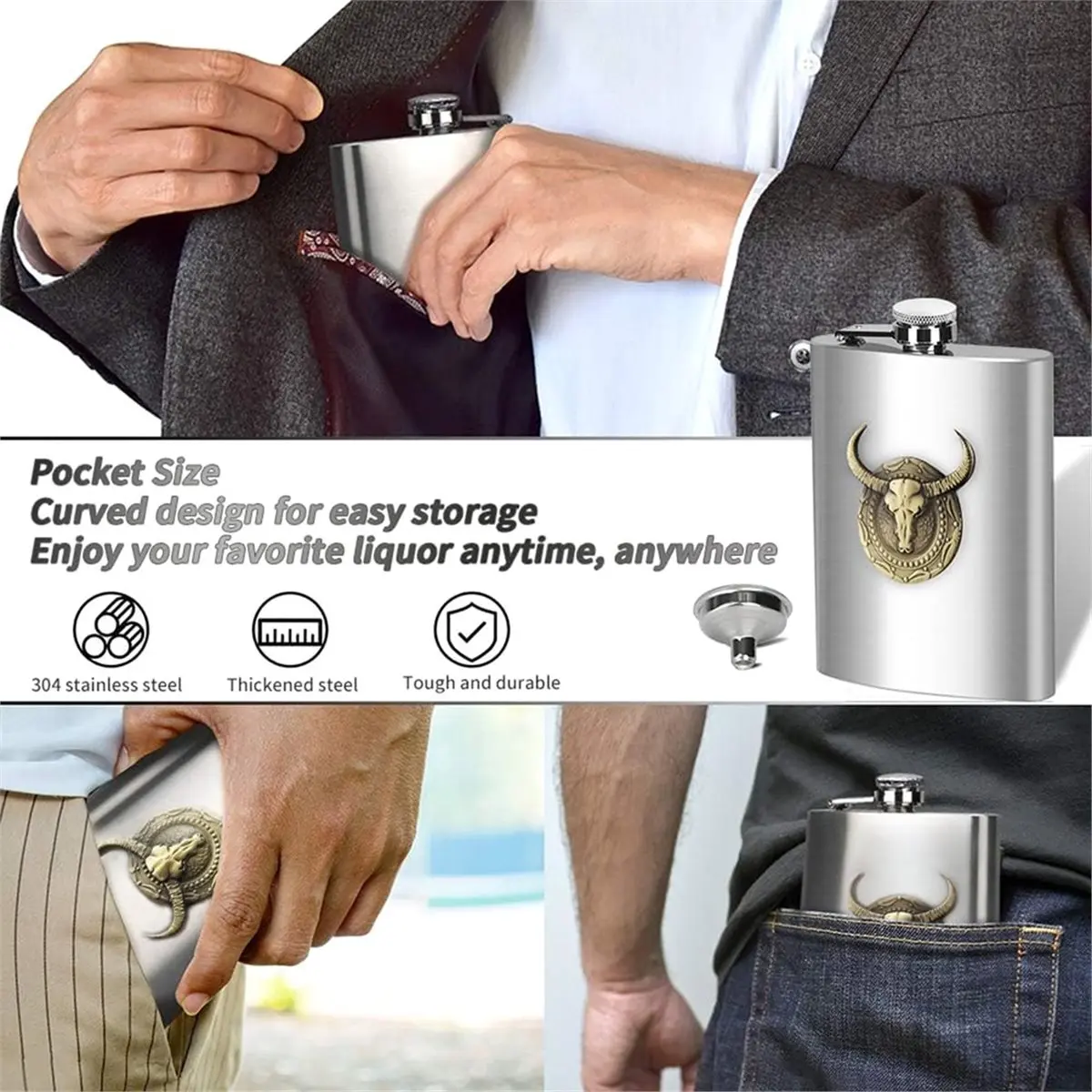618 Mega Sale 6 Oz Stainless Steel Hip Flask with Bull Totem Wine Pot Portable Hip Flask Travel Alcohol Liquor Bottle
