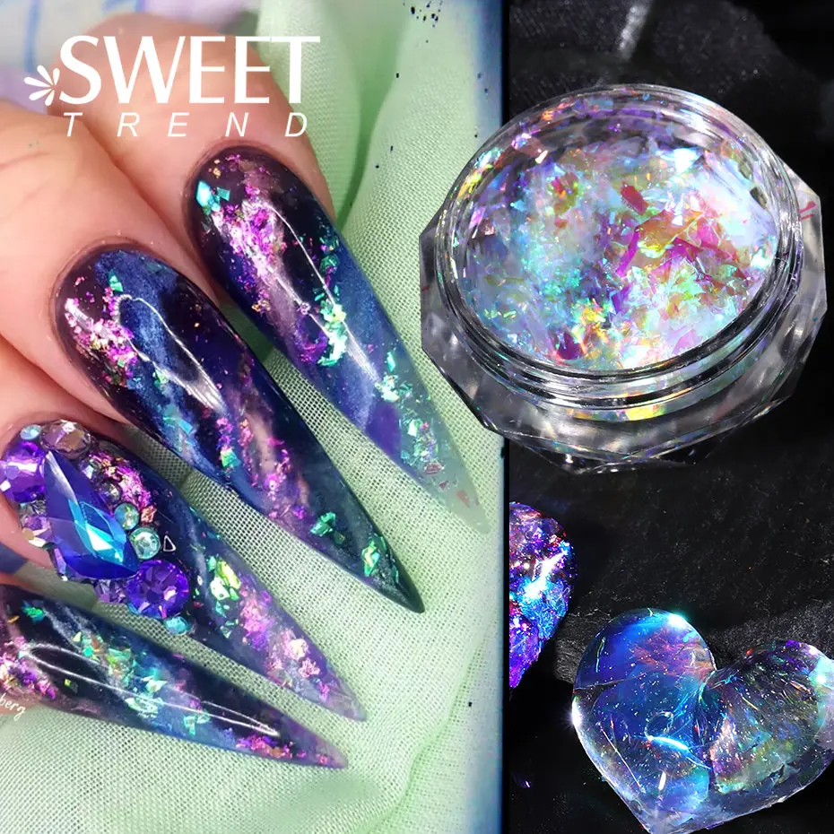 Iridescent Aurora Sequins Crystal Fire Opal Flakes Nail Glitter Flakes DIY Chrome Powder Holographic Design Nail Art Decoration