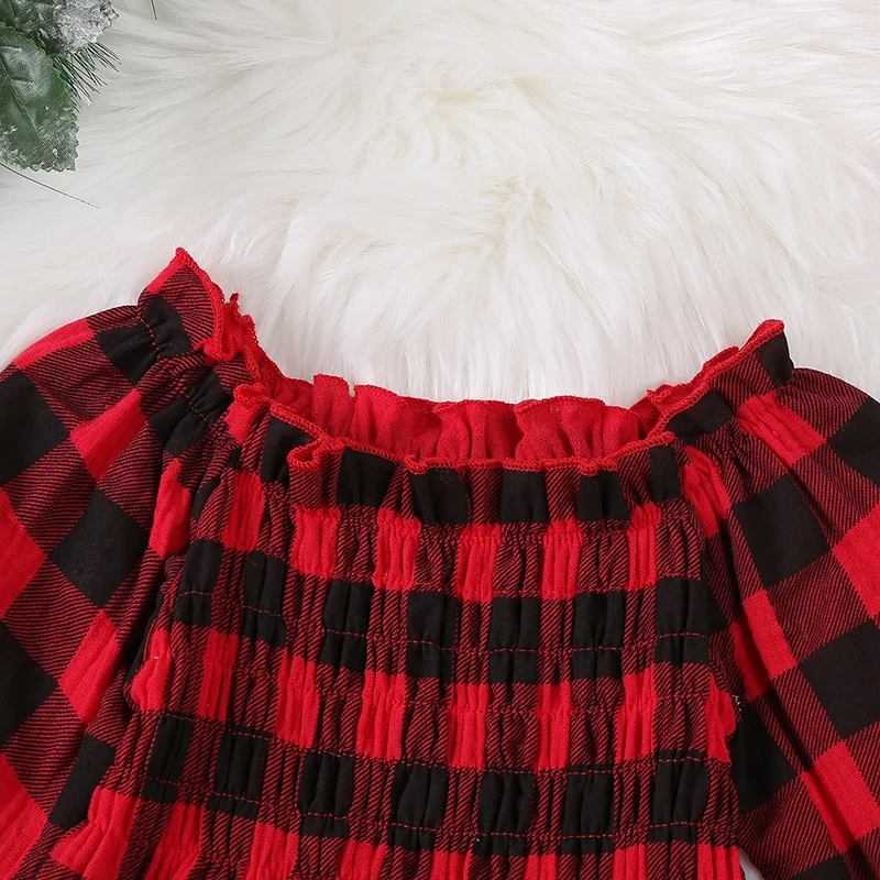 Autumn Christmas Newborn Girl Outfit Long Sleeve Off Shoulder Plaid Bodysuit Hairband Fall Xmas Clothes