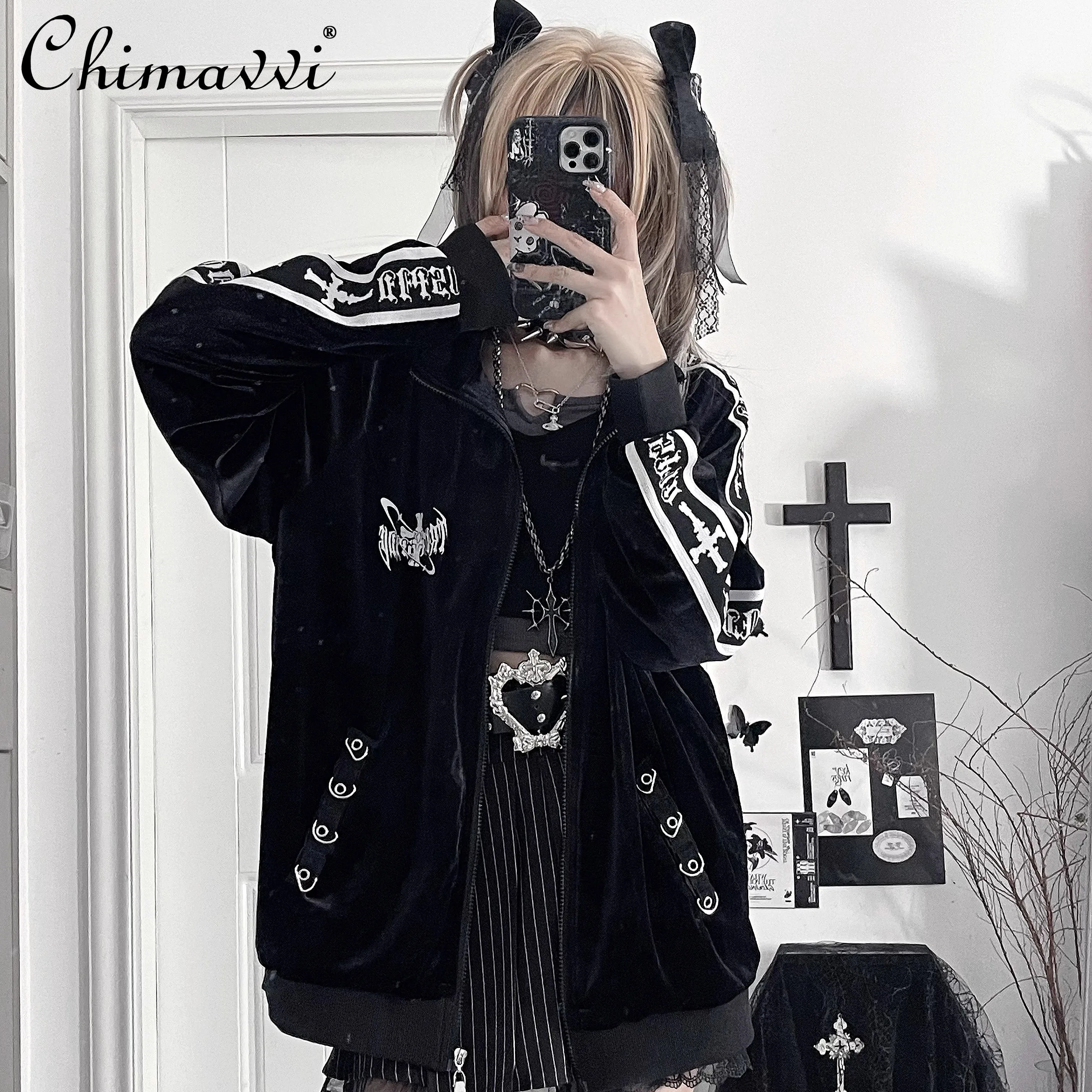 Original Velvet Printed Sportswear Jacket 2025 Autumn New Japanese Subculture Dark Loose Long-sleeved Zipper Sweatshirt Coat